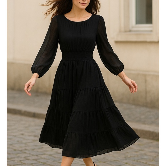 Taylor14 Chiffon Midi Black Fit & Flair Long Sleeve Elastic Waist Dress - Picture 1 of 16